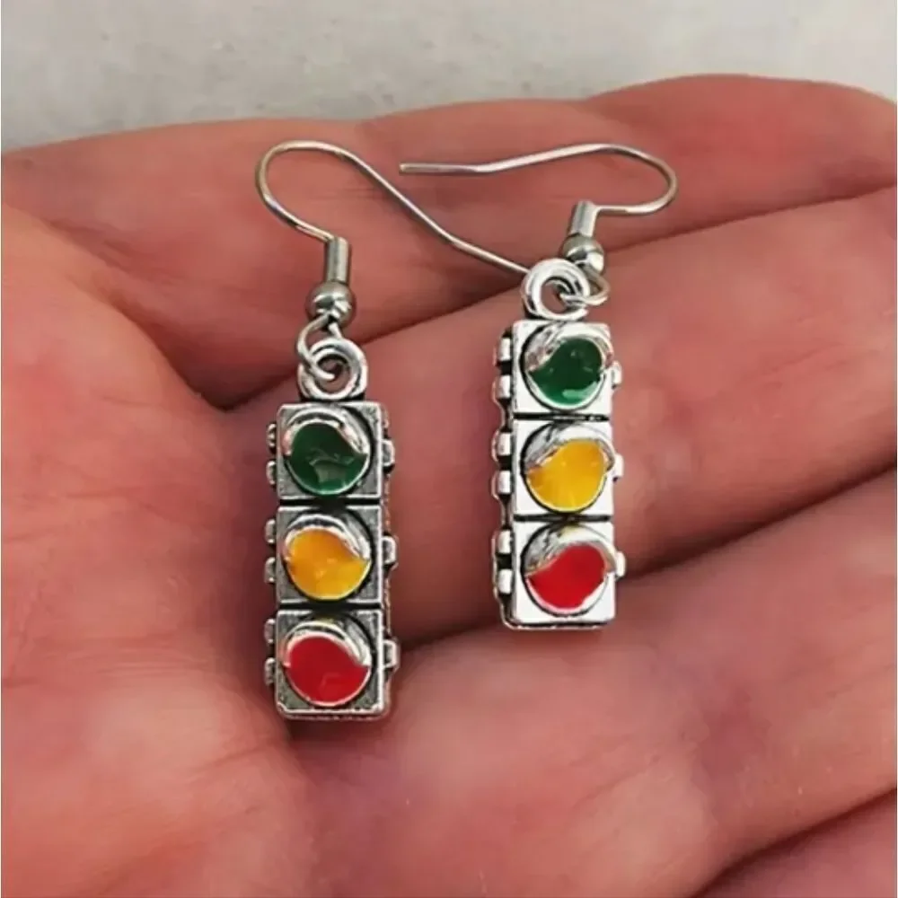Traffic Light Dangle Earrings - Silver Tone with Green, Yellow and Red Accents